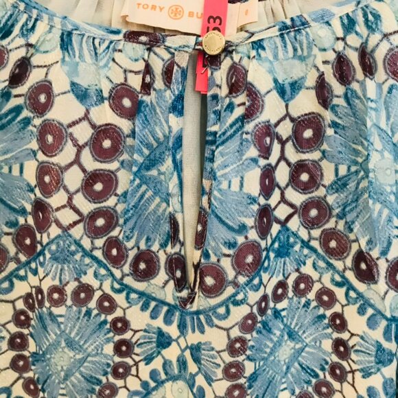 VTG Tory Burch blouse women size 0/S blue/brown long sleeves Boho hippie floral - Picture 2 of 9